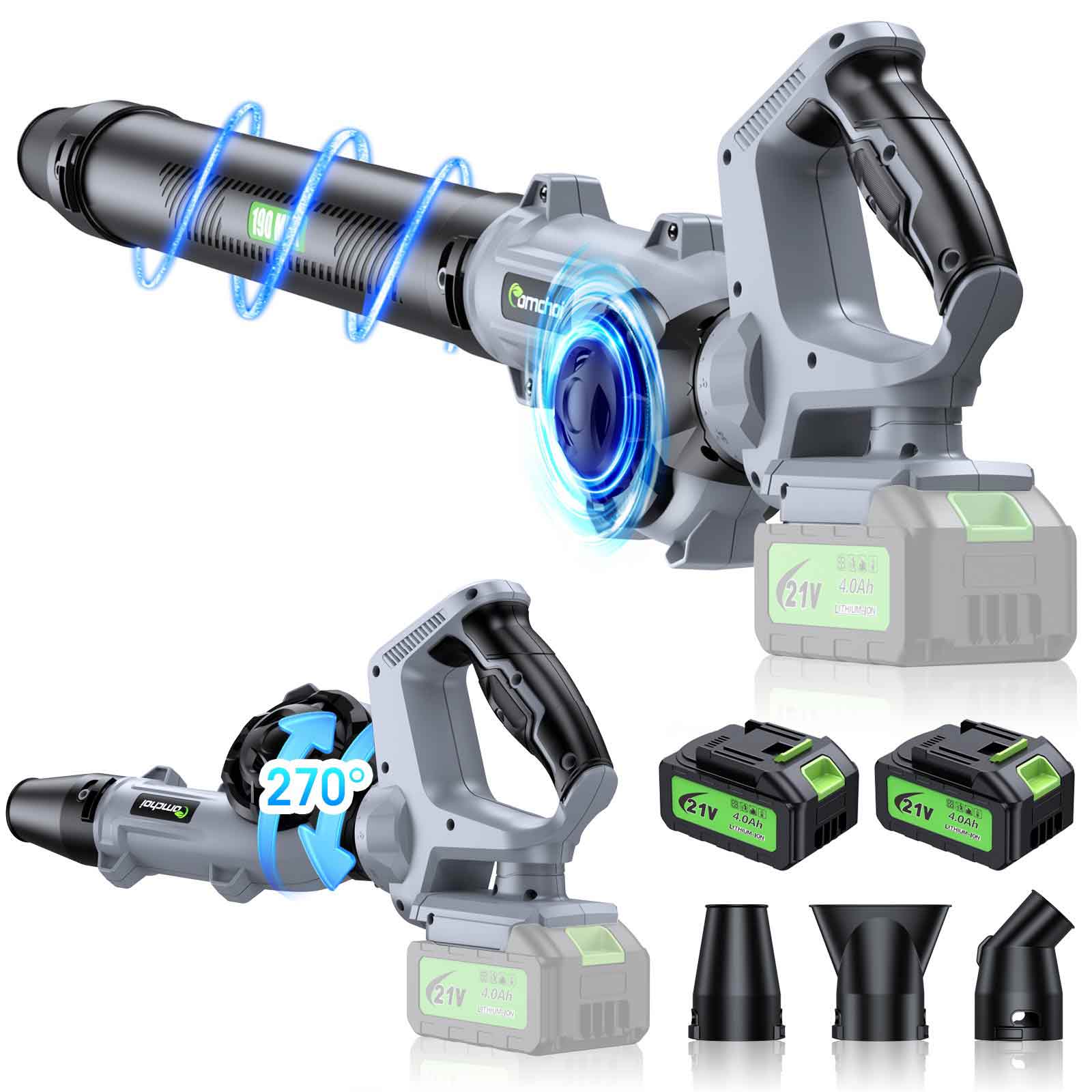 Aixiqee Electric Leaf Blower Cordless - 500000 RPM, 2 Batteries, 5-Spe